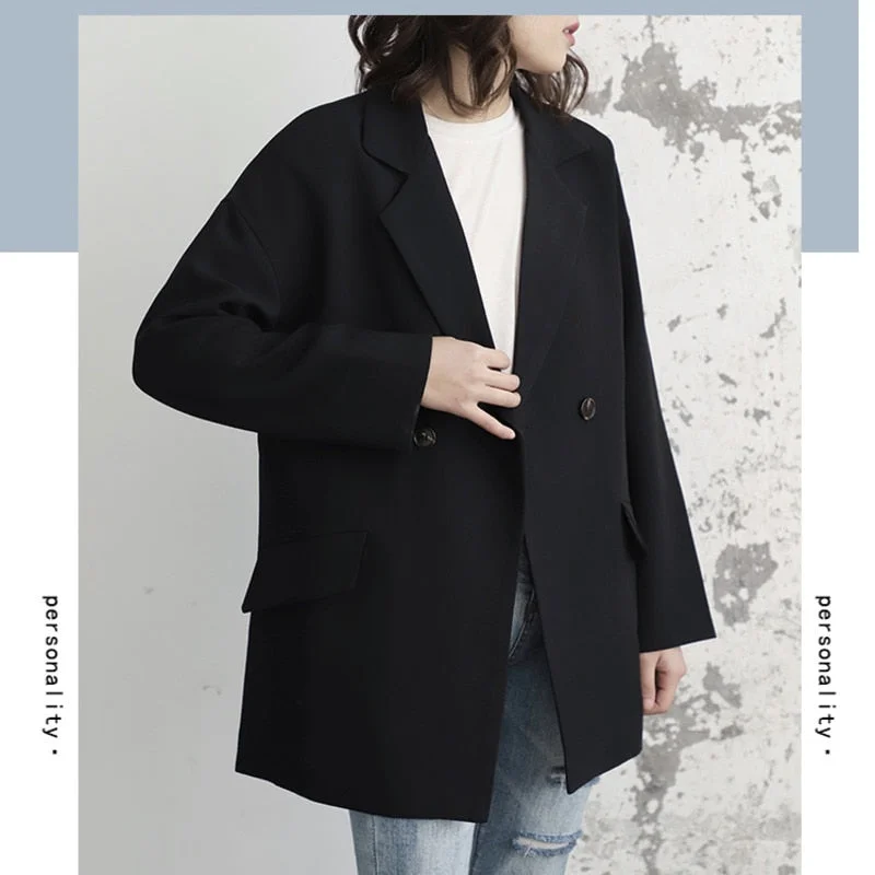 Spring Jacket Women Gray Vinatgae Jacket Elagant Lapel Single Button Black Blazer Ladies Workwear