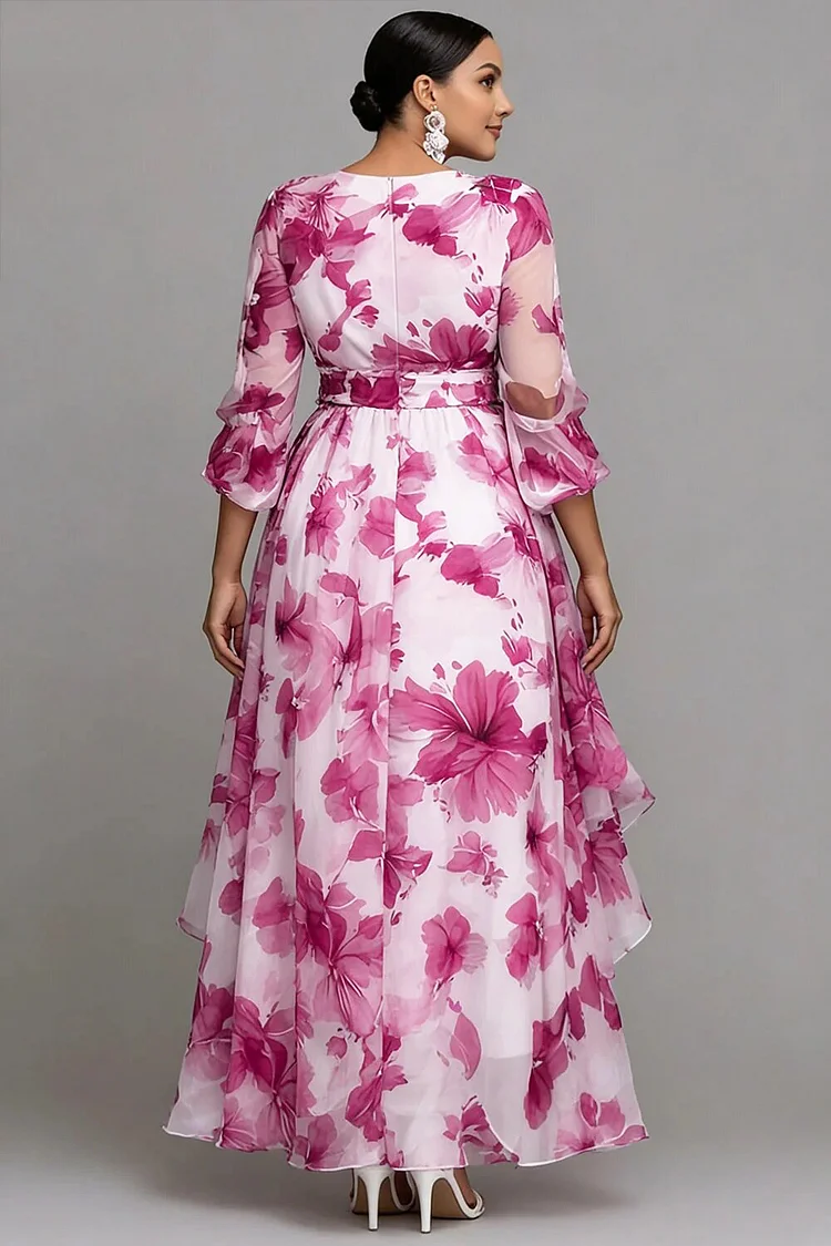 elegant floral round neckline midi x-line dress Xpluswear Design Plus Size Wedding Guest Purple Floral Round Neck 3/4 Sleeve Asymmetric Hem Irregular Hem See Through Organza Midi Dresses Purple-2XL/