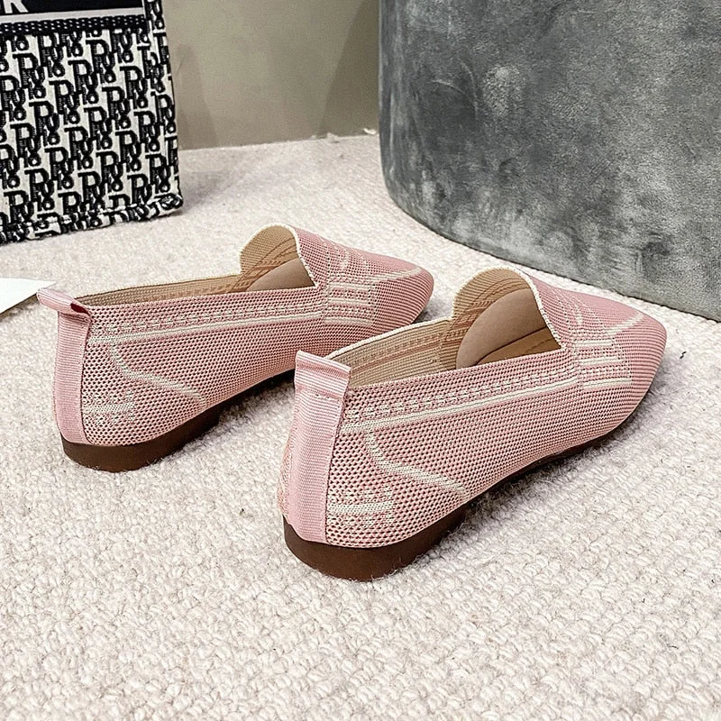 Women Round Toe Knitted Fabric Slip-On Loafers 2021 New Ballet Flats Breathable Vulcanized Shoes Driving Sneakers Boat Shoes