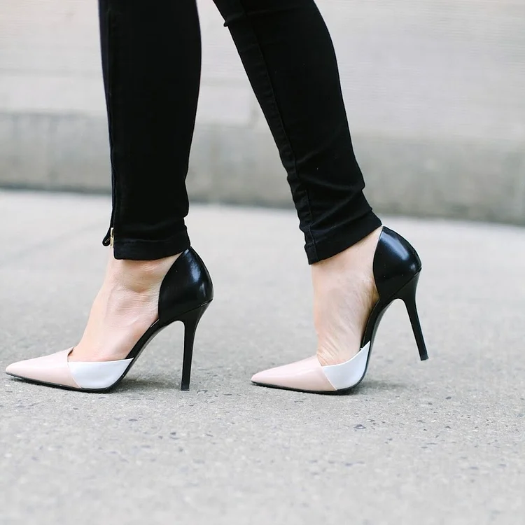 Three Tone Color Block Pointed Toe Double D'Orsay Pumps Heels |FSJ Shoes