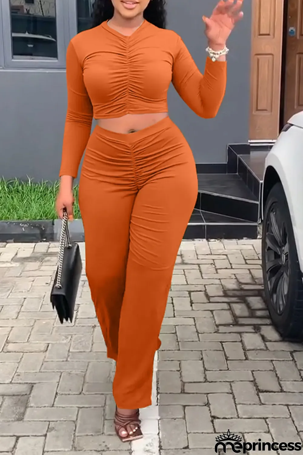 Orange Fashion Solid Fold V Neck Long Sleeve Two Pieces