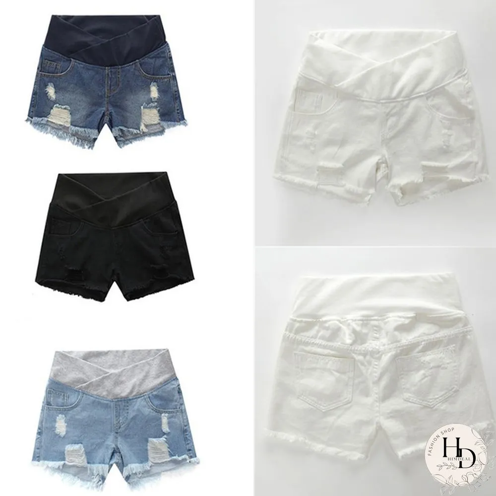 Pregnancy Women's Ripped Denim Shorts Summer Maternity Shorts Pregnant Loose Belly Elastic Jeans