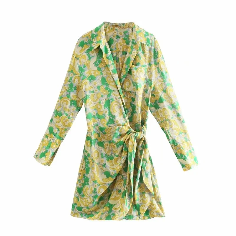 Women Vintage Green And Yellow Floral Print Shirt-Style Mini Dress 2021 Summer Chic Long Sleeve Wrap Tied Casual Vestidos