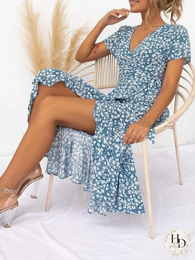 Casual Dress Wrap Dress Floral Dress Ditsy Floral Lace up Split V Neck Midi Dress Active Fashion Daily Holiday Short Sleeve Regular Fit Red Blue Summer Spring S M L XL for Women