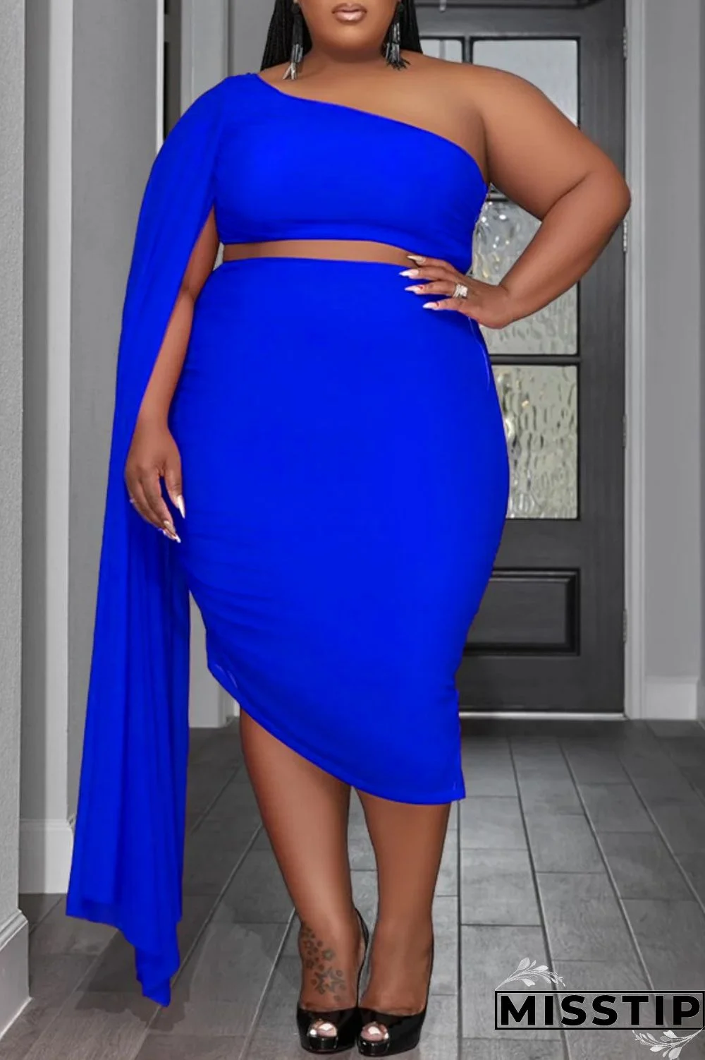 Blue Sexy Solid Patchwork Backless Oblique Collar Plus Size Two Pieces