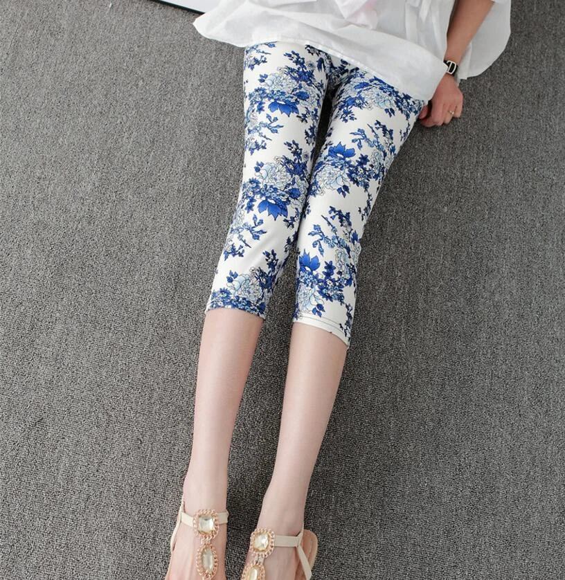 CUHAKCI Summer Printing Women Leggings Cropped Pants Casual Stretched Graffiti Tie Dyed Elastic Capris