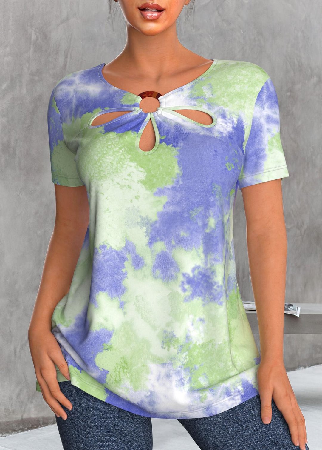 Cutout Neck Tie Dye Print Short Sleeve T Shirt