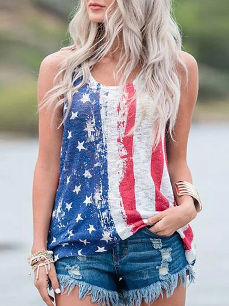Budgetg American Flag Print Sleeveless Tank Women ropa mujer Camisole Crop Top T-shirt O-Neck Casual Loose Streetwear Pullover
