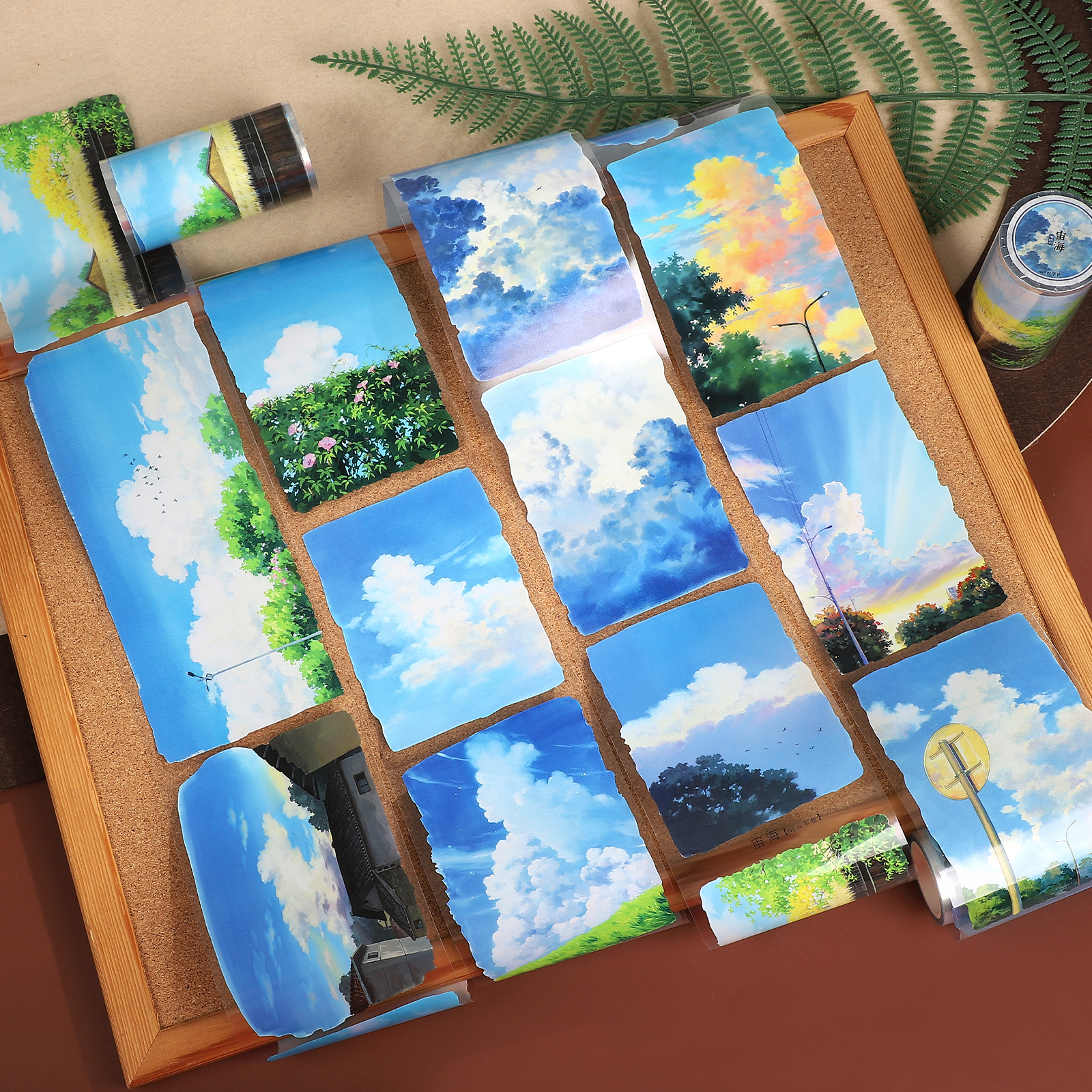 PET 테이프 - 80mm*525cm 빈티지 식물 푸른 하늘 구름