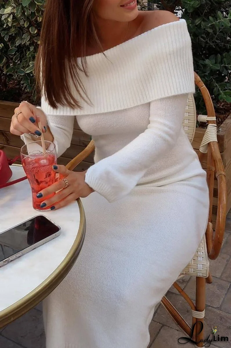 Sexy Solid Hollowed Out Slit Off the Shoulder Long Sleeve Dresses