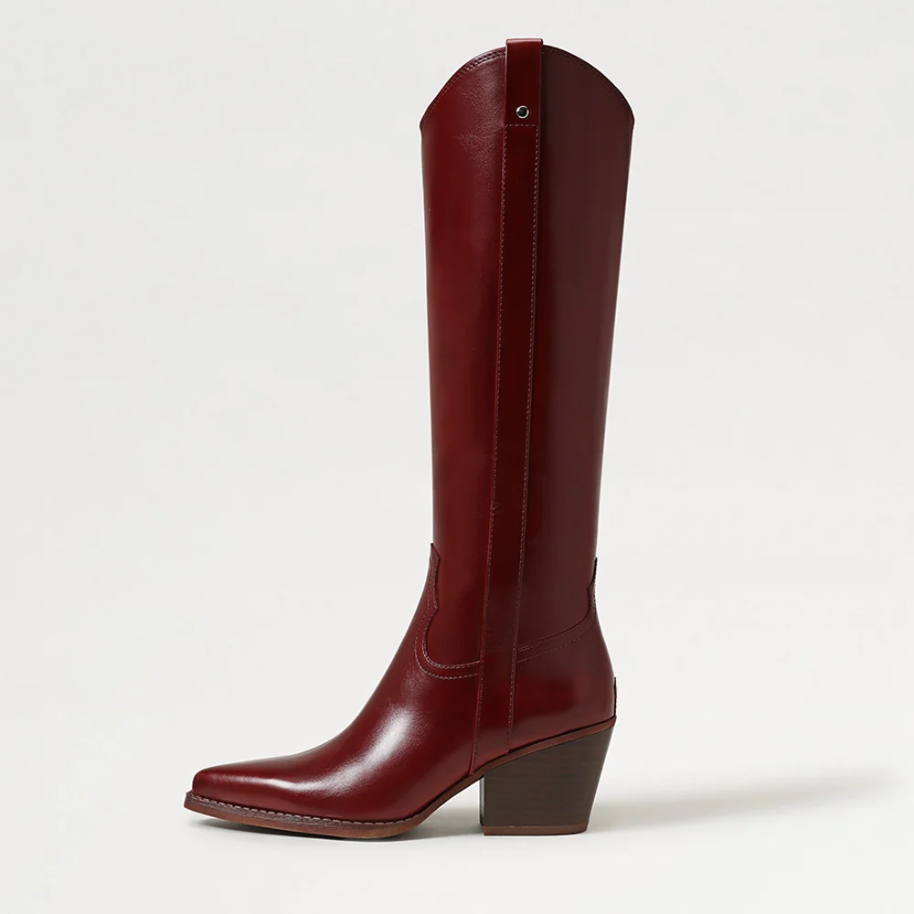 Women's Maroon Mid Block Heel Pointed Toe Western Boots with Zipper