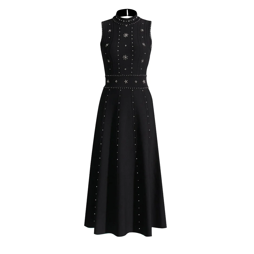 Zingj Temperament Famous Wind 2025 Spring New Fashion Nail Bead Decoration Round Collar High Waist Sleeveless Long Dress