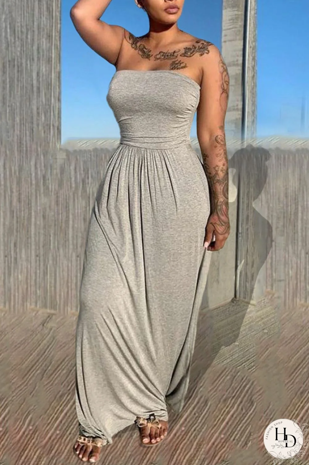 Grey Sexy Casual Solid Backless Strapless Sleeveless Dress