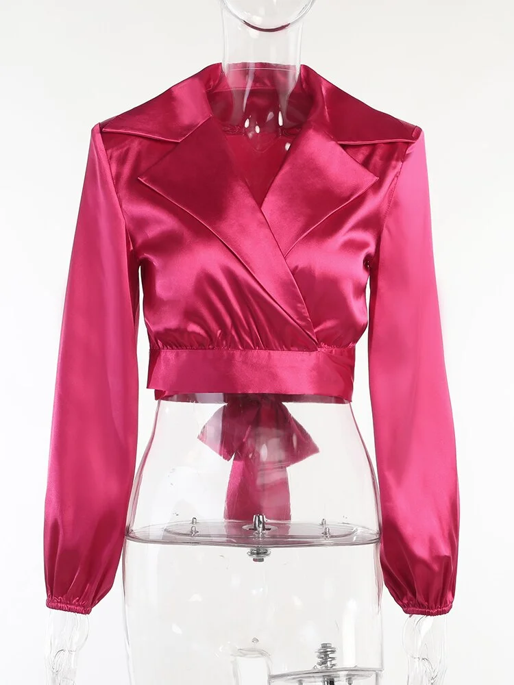 WannaThis Satin Shirts Office Lady Lantern Sleeve Turn-down Collar Fall Bow Tie Women's Elegant Fashion Padded Shoulder Top 2021