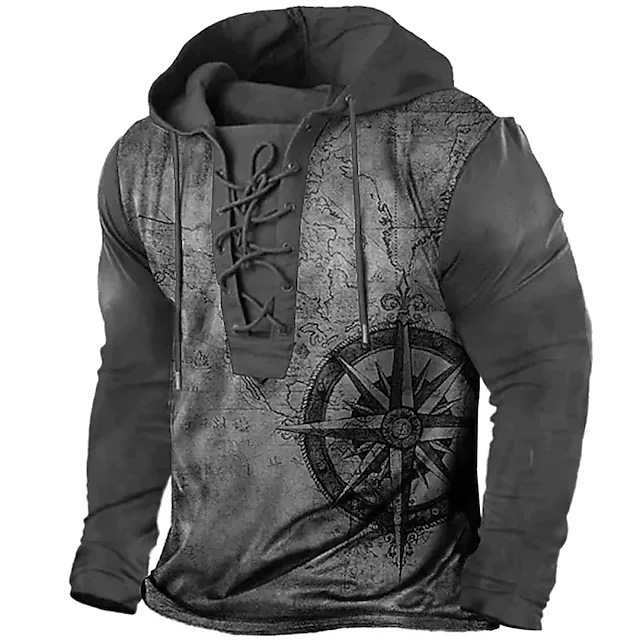 Men's Outdoor Vintage Lace-Up Hooded Long Sleeve Sweater Men's T-Shirt