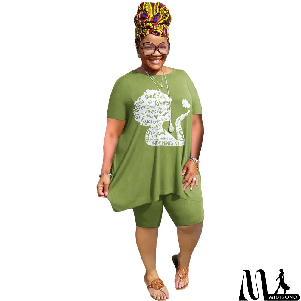 MidiSono - Plus Size Women'S Print Short Sleeve T-Shirt Shorts Two-Piece Casual Set