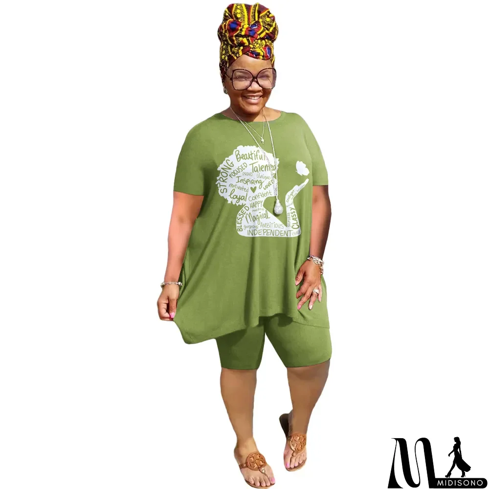 MidiSono - Plus Size Women'S Print Short Sleeve T-Shirt Shorts Two-Piece Casual Set