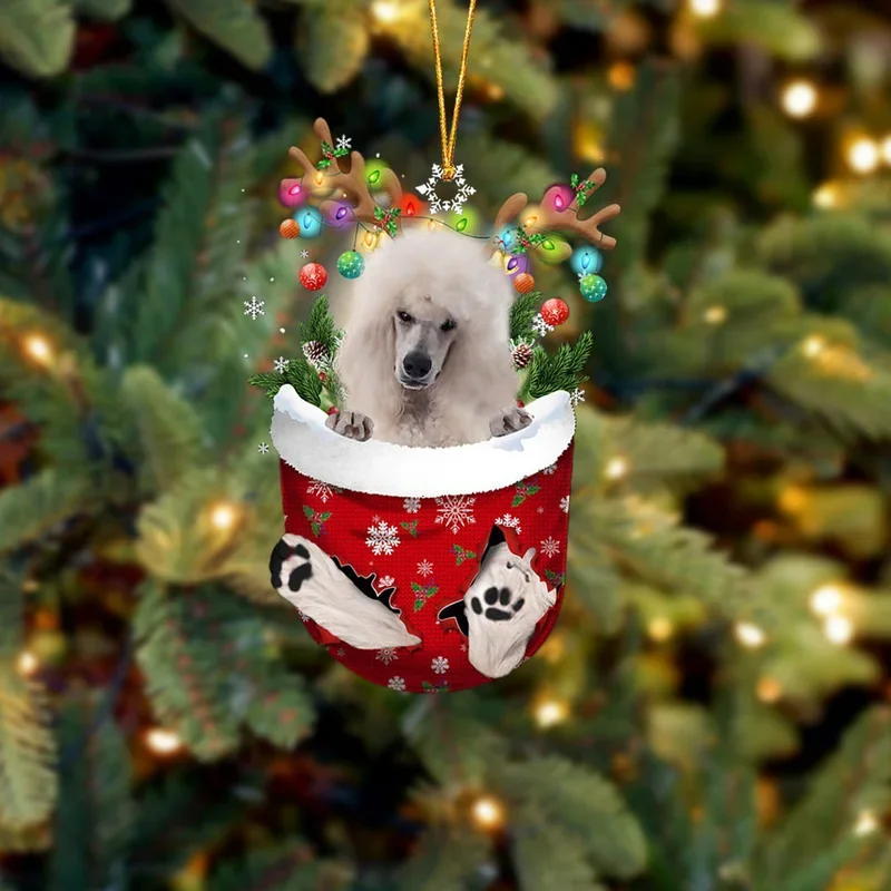 WHITE Standard Poodle In Snow Pocket Christmas Ornament trabladzer