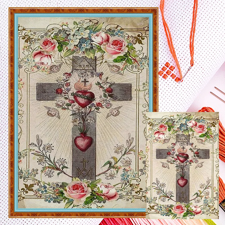 【Huacan Brand】Retro Poster - Cross And Roses 11CT Counted Cross Stitch 40*60CM