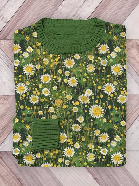 Comstylish Spring Daisy Print Cozy Knit Sweater