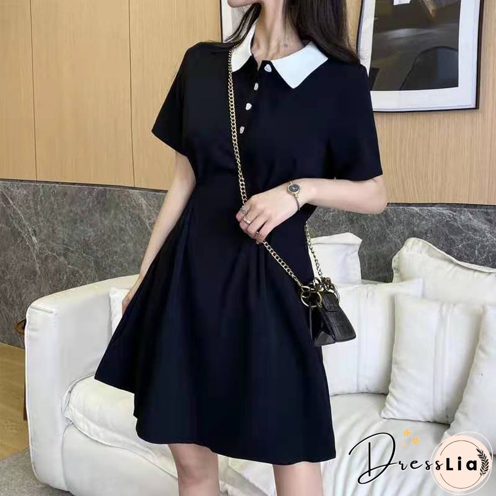Short Sleeve Dress Women Ins Empire Simple Black Basic Summer Trendy Preppy Girls Clothing Leisure A-Line Mujer Vestido Retro