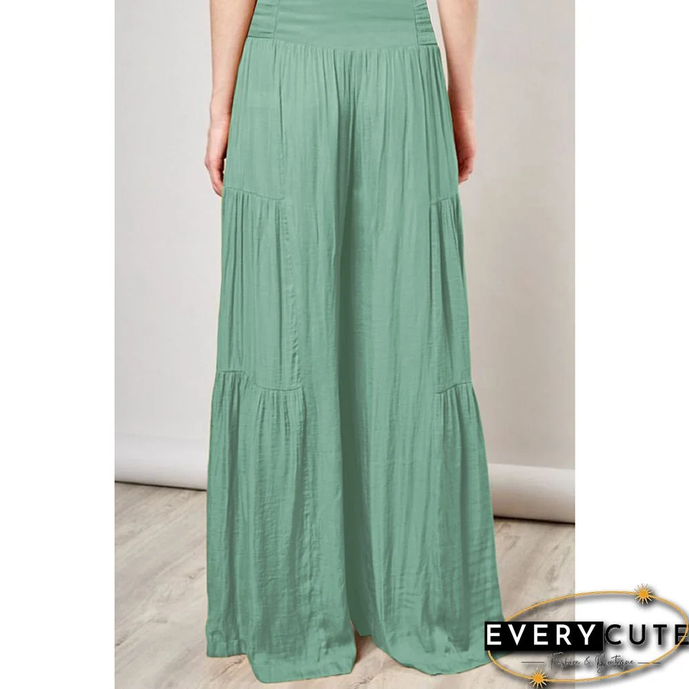 Green Smocked High Waist Palazzo Pants with Tie