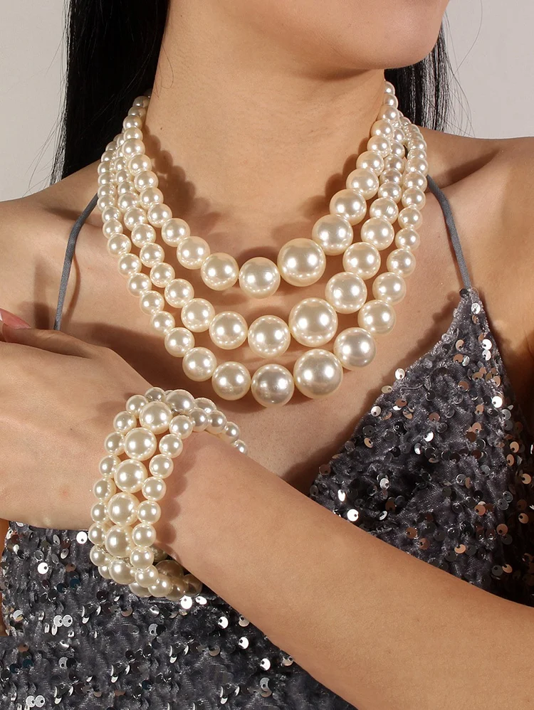 Elegant Multi-layer Pearl Necklace Bracelet Earrings Jewelry Set