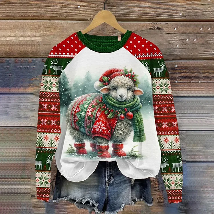 Wearshes Women's Christmas Lamb Printed Round Neck Sweatshirt