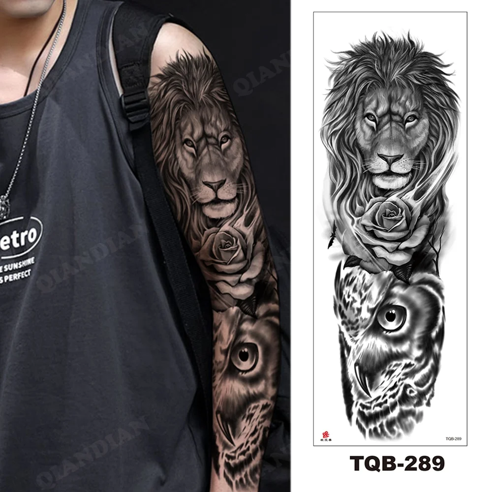 Sdrawing Arm Temporary Tattoo Wolf Lion Fish Horns Geometric Man Body Leg Rose Flower Phoenix Waterproof Sticker Cool Women Tatoo