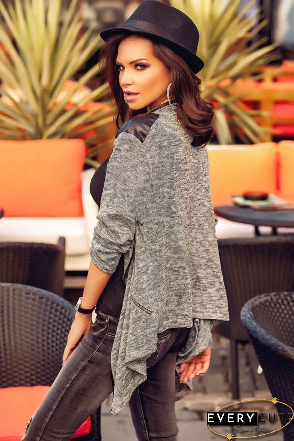Leather Shoulder Patch Asymmetric Cardigan