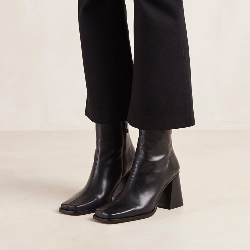 Black Square Toe 3'' Chunky Heel Side-Zip Office Ankle Boots Nicepairs