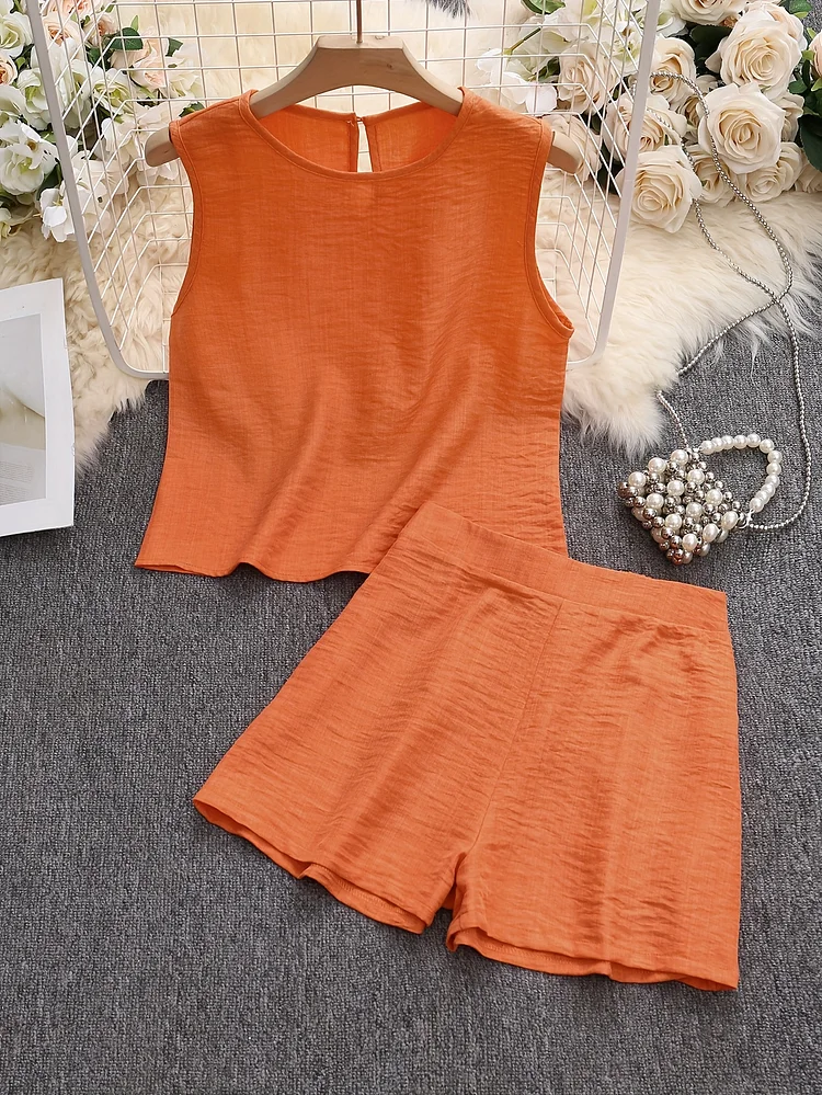 1 Set Women's Solid Color Top And Shorts Set | Comfortable And Breathable Fabric, Simple And Beautiful Style