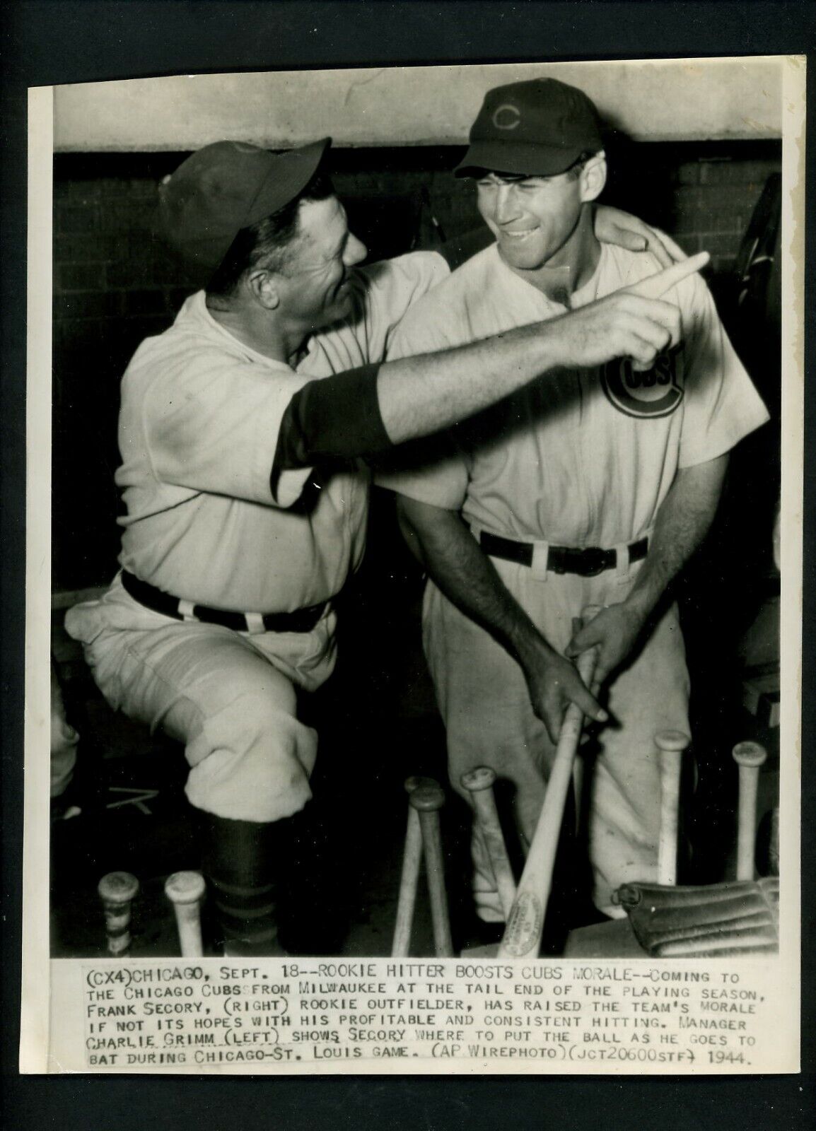 Chicago Cubs Manager Charlie Grimm & Frank Secory 1944 Type IV Press Photo Poster painting