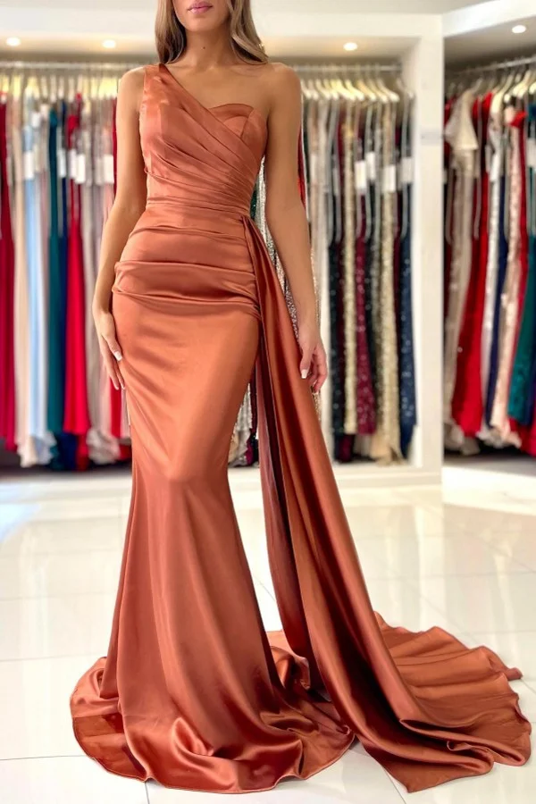 Burnt Orange Sleeveless Mermaid Prom Dress One-Shoulder With Ruffles | Ballbellas Ballbellas