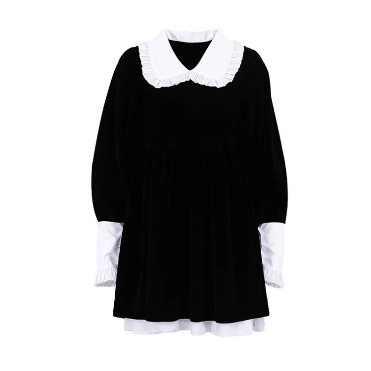 Churchf Churchf New Autumn And Winter Design Sense French Doll Collar Fashion Casual Velvet Little Black Dress Dress Shaggy Skirt Woman