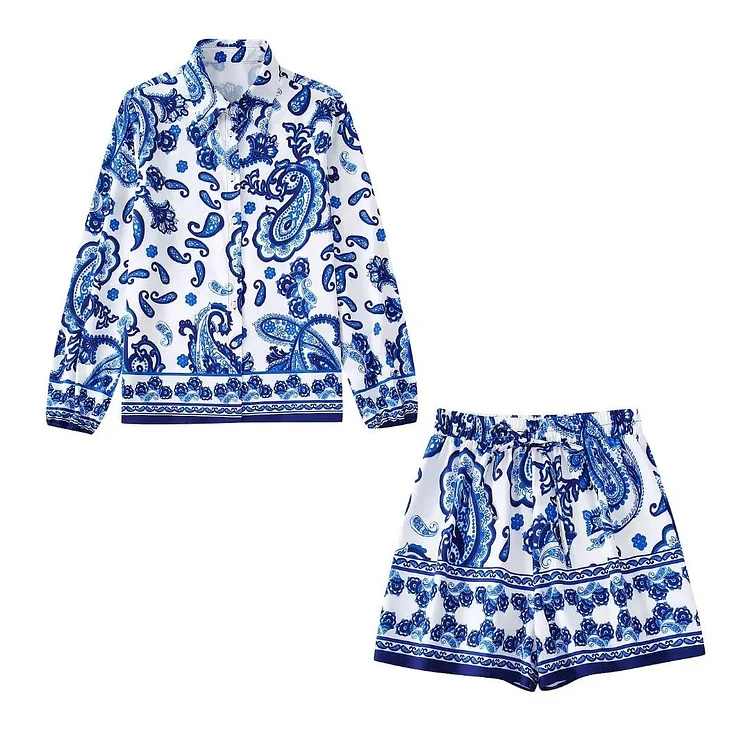 Flaxmaker Fashion Casual Blue and White Porcelain Prined  Two Piece Set
