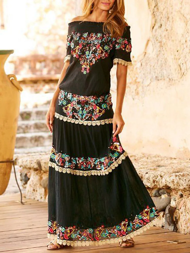 Ethnic Floral Off Shoulder Short Sleeve Lace Spliced Maxi Dress