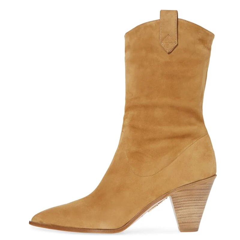 TAAFO Brown Flock Woman Pointed Toe Ankle Boots Block Cone Heels Booties Ladies Shoes