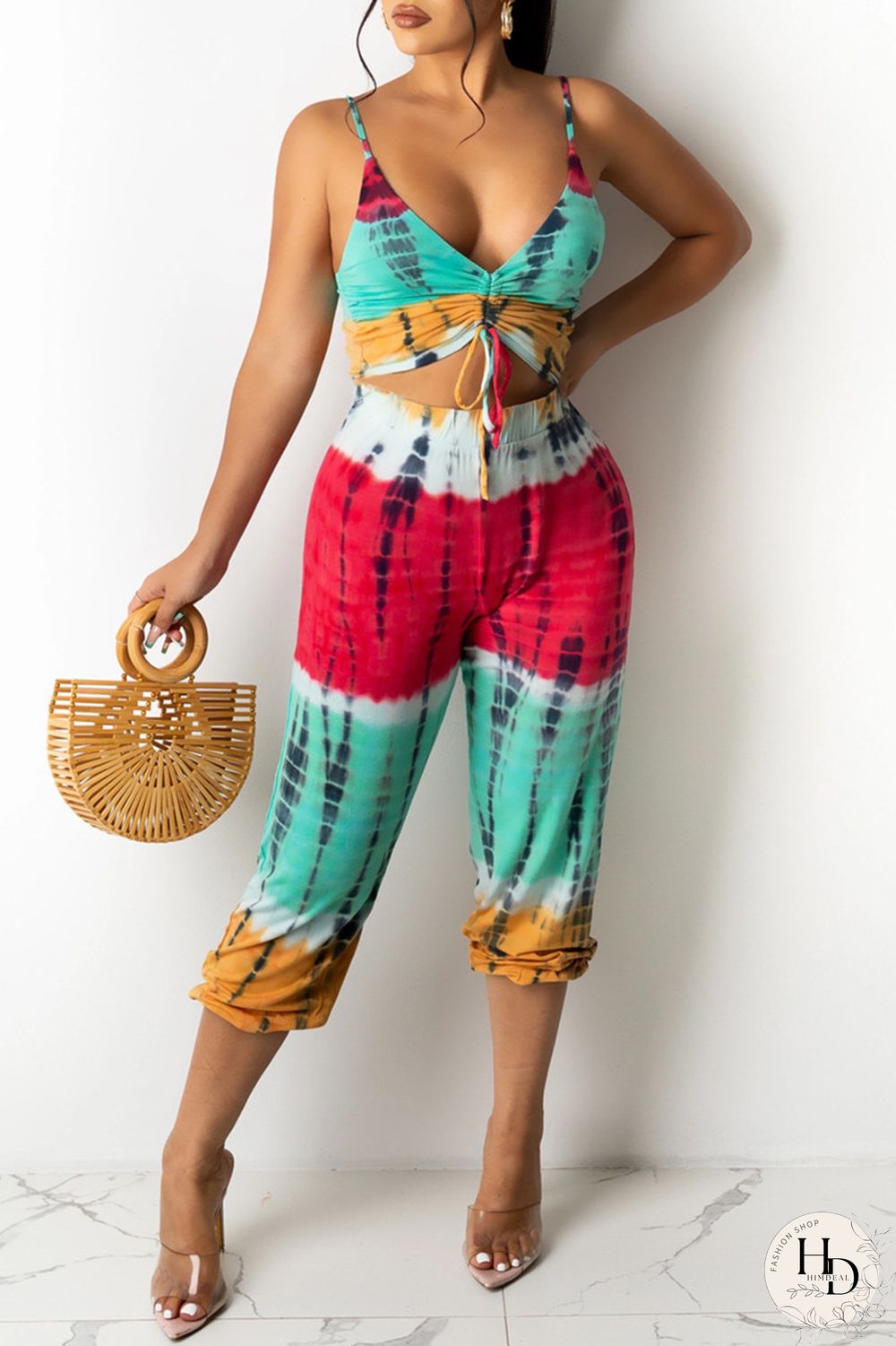 Blue Yellow Sexy Casual Print Tie Dye Backless V Neck Sleeveless Two Pieces