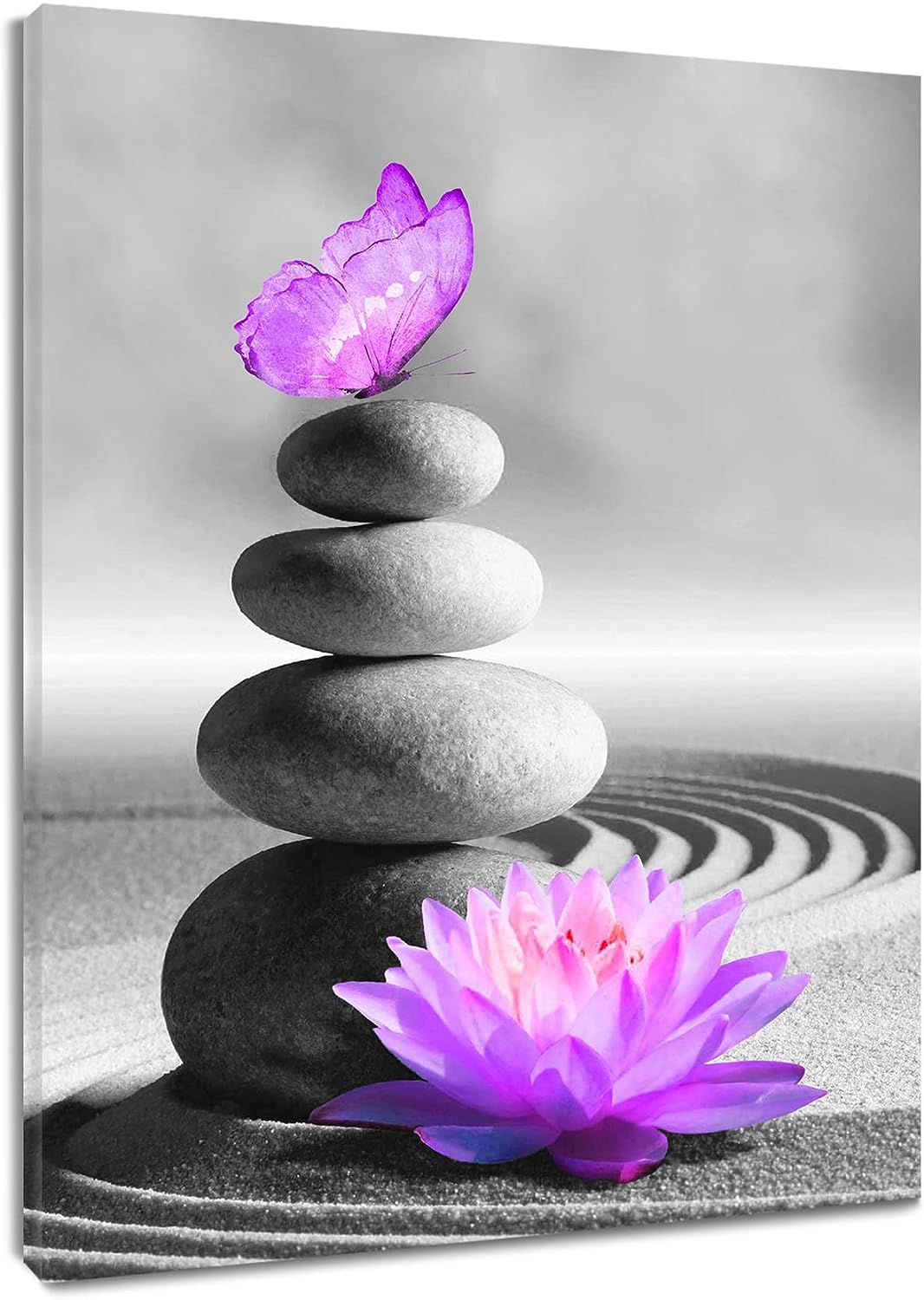 MEUNEAR Asian Zen Canvas Wall Art Purple Water Lily Flower and Butterfly Stone on Beach Wall Art Japanese Spa Framed Wall Art Ready to Hang for Bedroom Bathroom Wall Decor, 16x20Inches