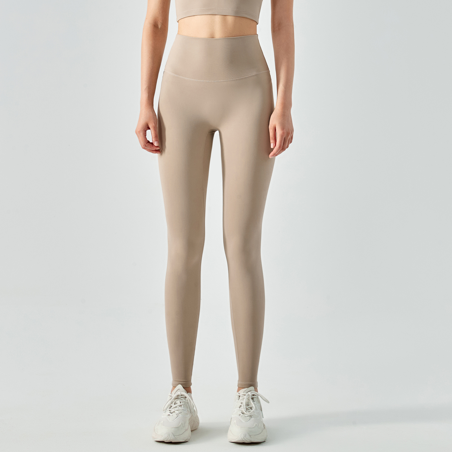 Hergymclothing Khaki high waisted butt lifting comfort stretchy yoga leggings without front seam for sale