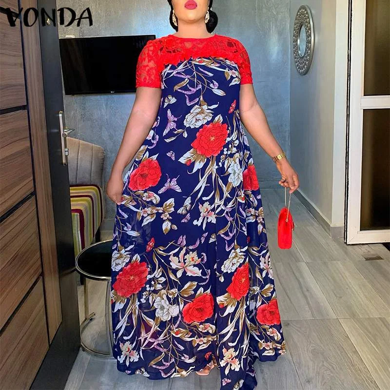 VONDA Bohemian Floral Printed Party Sundress 2022 Summer Women Short Sleeve Lace Patchwork Robe Casual Holiday Maxi Long Dress