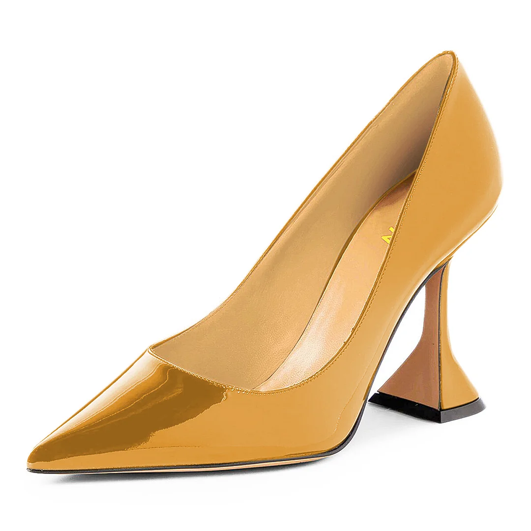 Patent Leather Pointed Toe Flared Heel Sparkling Golden Pumps