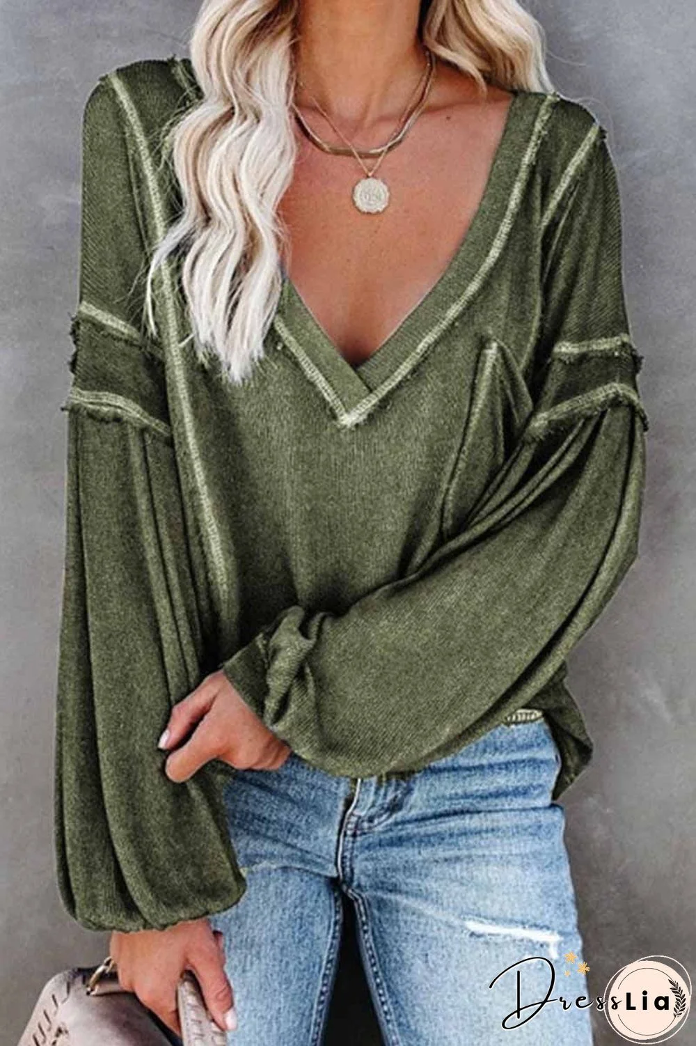 Solid Color Pullover V-Neck Bubble Long Sleeves Tops(4 Colors)