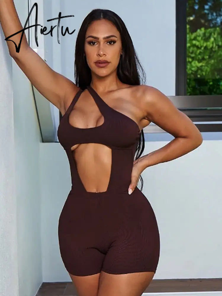 Aiertu  Solid Ribbed Women 2 Pieces Sleeveless One Shoulder Hollow Out Bodysuit Biker Shorts Set Skinny Tracksuit Summer Aiertu