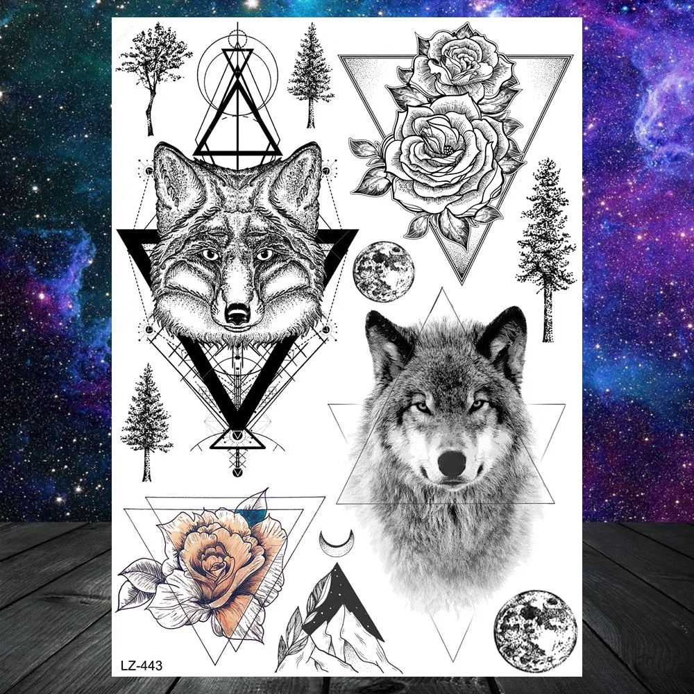 Realistic Fake Black Animal Temporary Tattoos Sticker For Men Women Geometric Wolf Outer Space Tatoo Temporary Decal For Kids