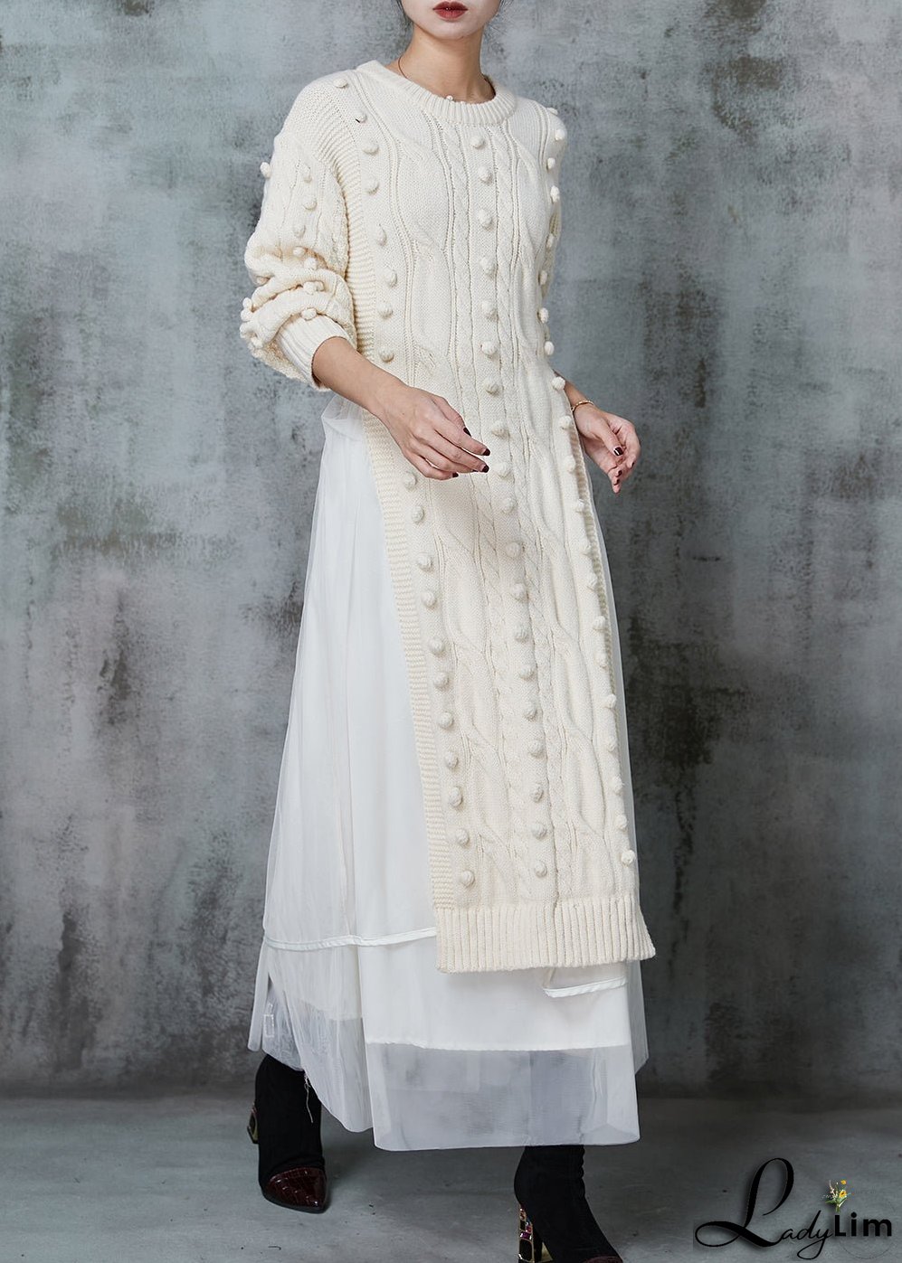 Apricot Silm Fit Knit Long Dress Two Pieces Set Side Open Spring