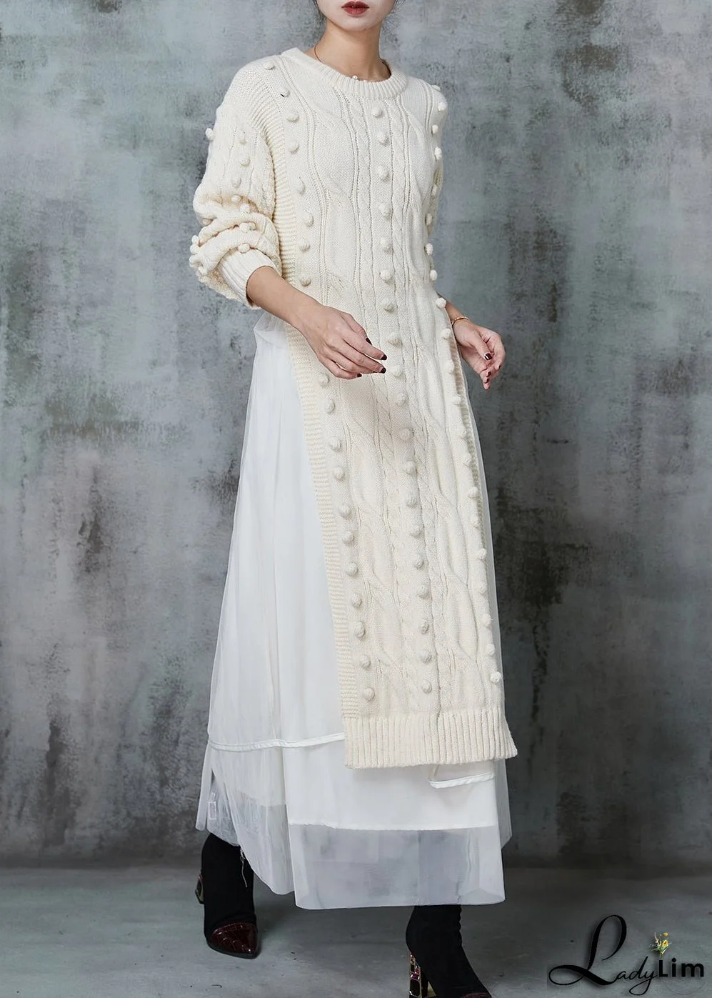 Apricot Silm Fit Knit Long Dress Two Pieces Set Side Open Spring