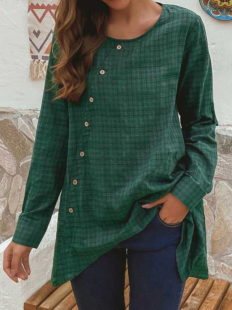 Button Plaid Long Sleeve Crew Neck Casual Blouse For Women P1623727