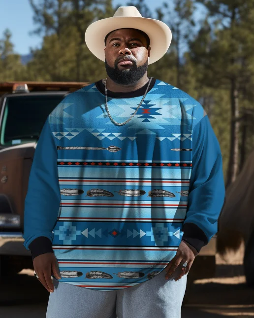 Men's Plus Size Western Ethnic Color Block Blue Diamond Long Sleeve Sweatshirt
